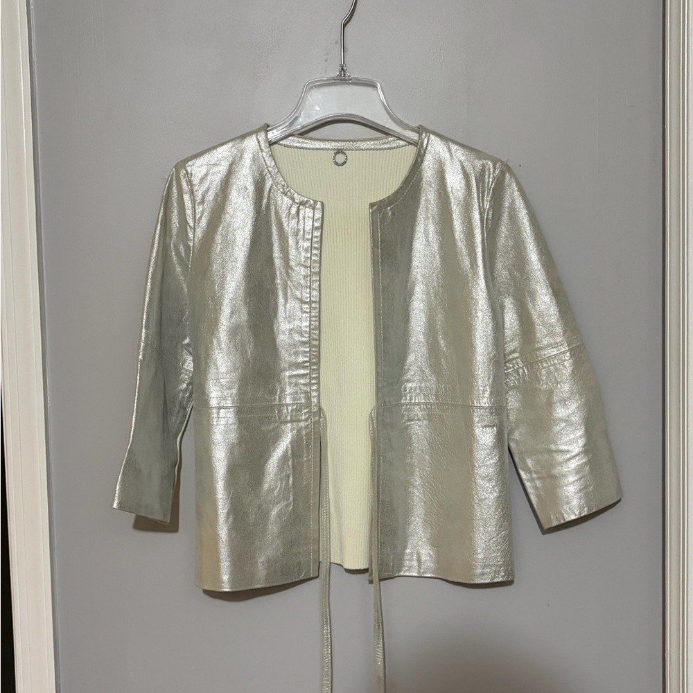One Girl Who silver metallic leather and sweater knit mix media tie front jacket
